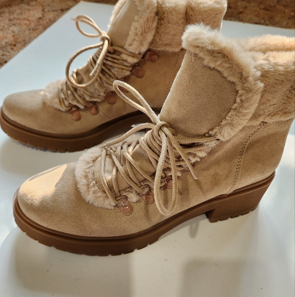 Women's Tan Lace-Up Faux Suede Ankle Boots, With Faux Fur - Picture 2 of 7
